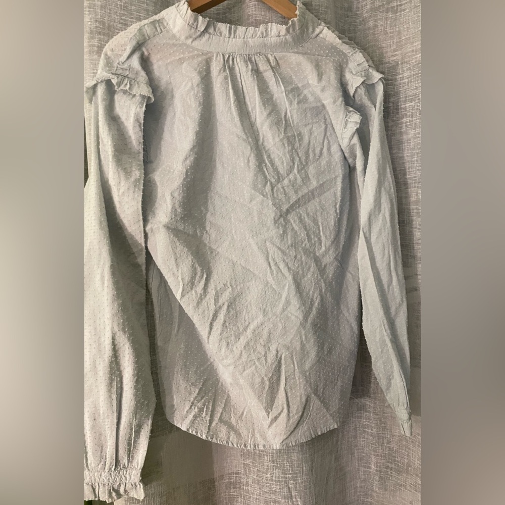 J. Crew Soft Gray Ruffle Trim Clip Dot Blouse, Size S - Picture 5 of 6
